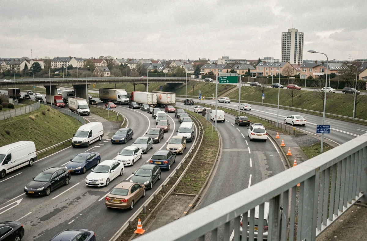 Embouteillage sur le périphérique de Caen avec files de voitures et camions bloqués au niveau d'un échangeur