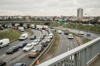 Embouteillage sur le périphérique de Caen avec files de voitures et camions bloqués au niveau d'un échangeur