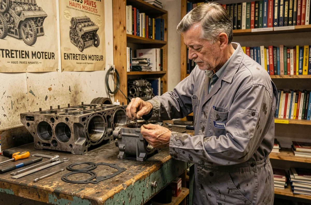 Technicien d'Entretien Moteur inspectant des composants moteur sur un établi dans l'atelier spécialisé du quartier Hauts Pavés à Nantes