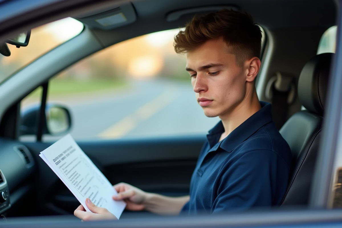 Jeune homme étudiant le code de la route 2026 avec un livret de questions assis dans une voiture garée
