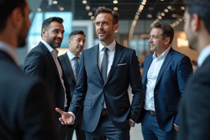 Executif automobile en costume discutant avec des professionnels