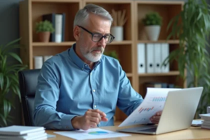 Homme comptable expliquant les coefficients de risque dans son bureau