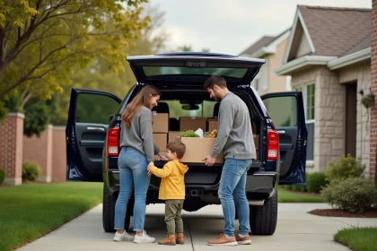 Famille déchargeant des courses devant leur maison