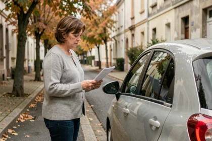 Femme tenant des documents d'assurance voiture devant une petite voiture garée dans une rue résidentielle