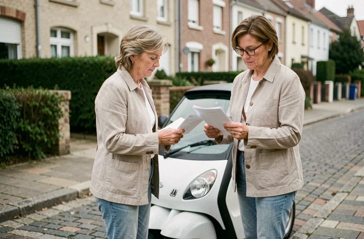 Femme consultant des documents d'assurance à côté d'une voiture sans permis dans un quartier résidentiel français