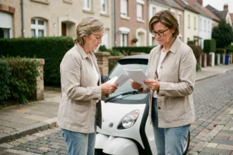 Femme consultant des documents d'assurance à côté d'une voiture sans permis dans un quartier résidentiel français