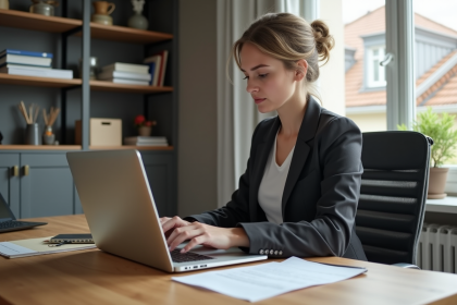 Jeune femme au bureau avec documents d'immatriculation voiture