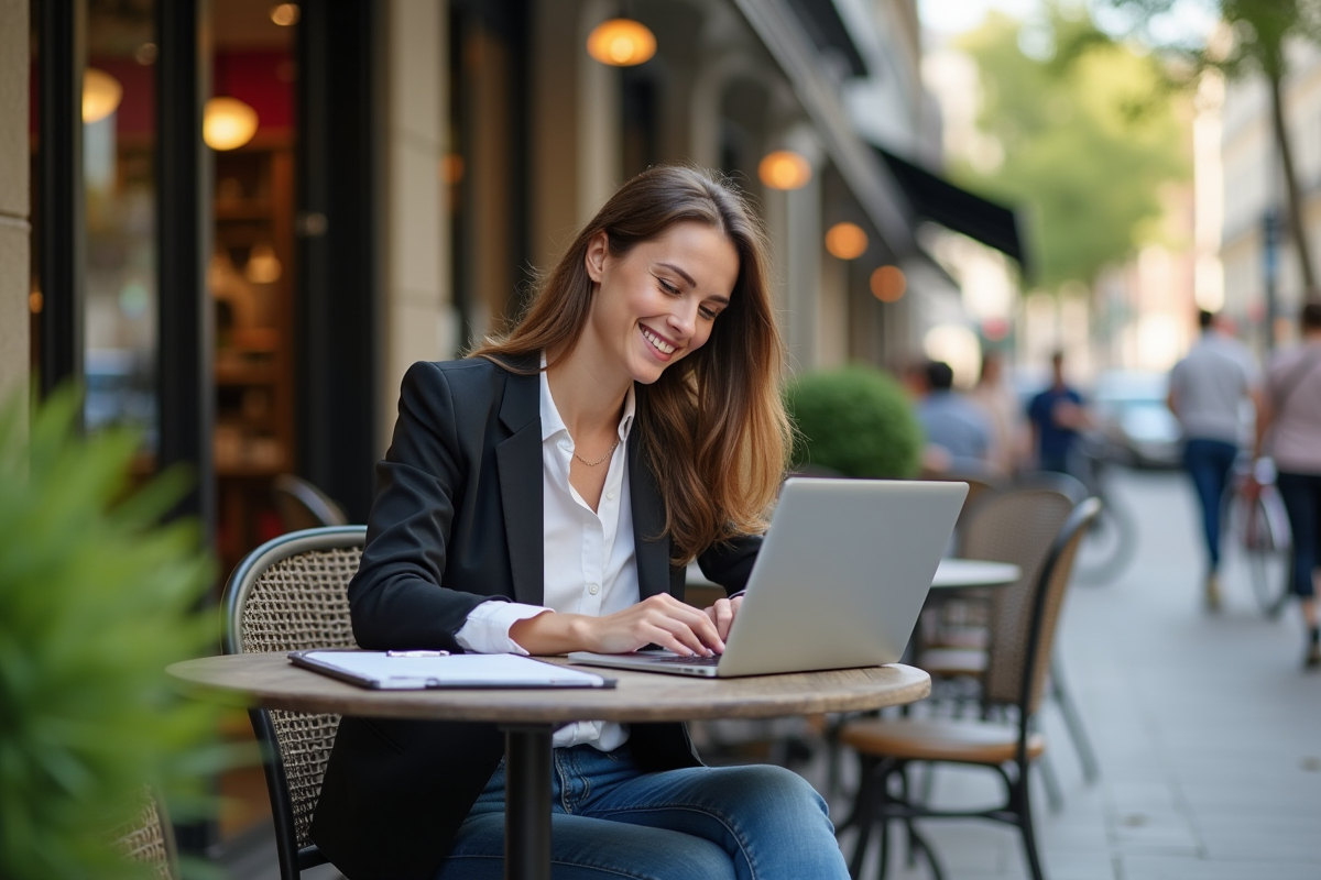 Jeune femme au café utilisant un ordinateur portable en extérieur