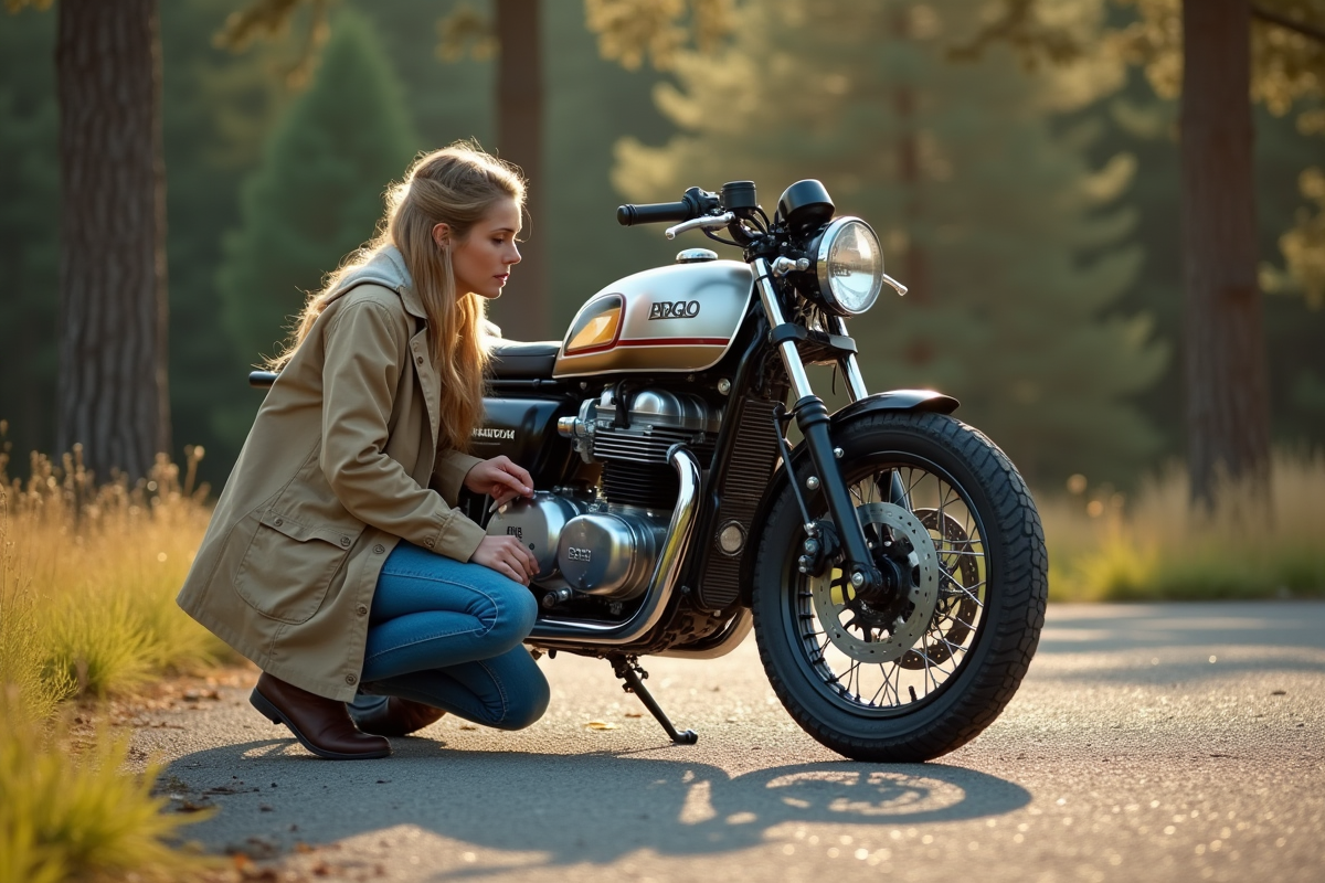 Femme inspectant un cafe racer des années 80 dans un parking