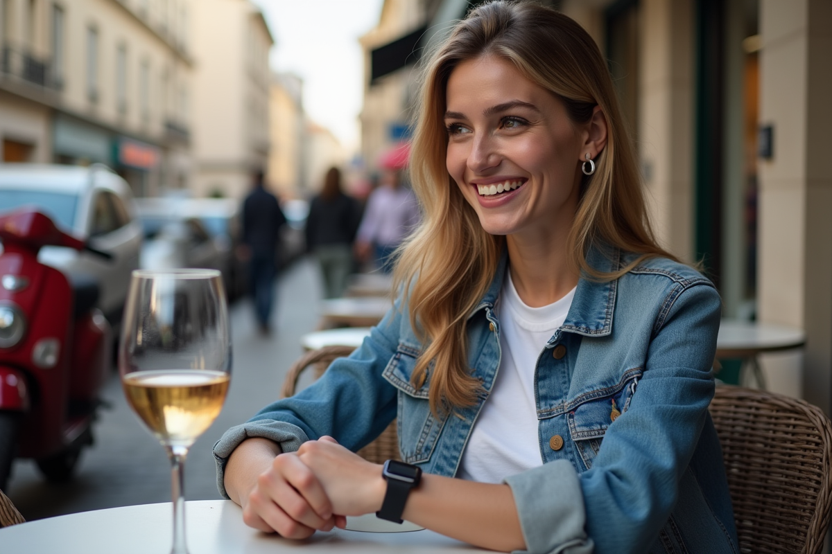 Jeune femme au café parisien avec verre de vin