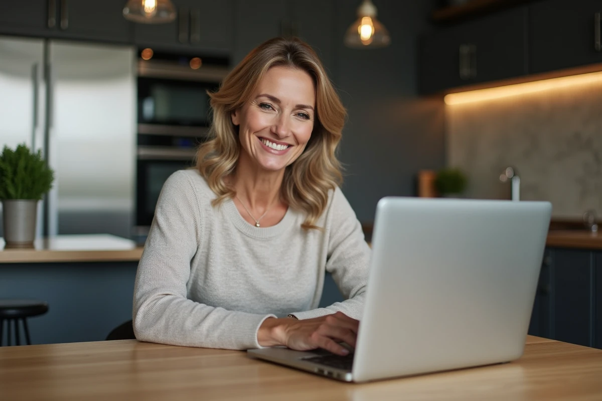 Femme utilisant un calculateur de pneus à la cuisine