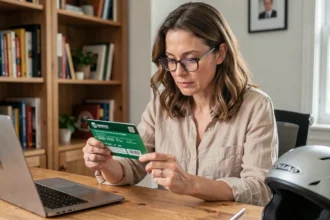 Femme examinant attentivement sa carte verte d'assurance scooter à son bureau à domicile
