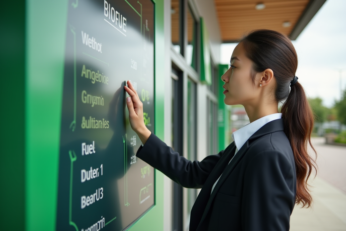 Jeune femme en costume consultant panneau prix carburant