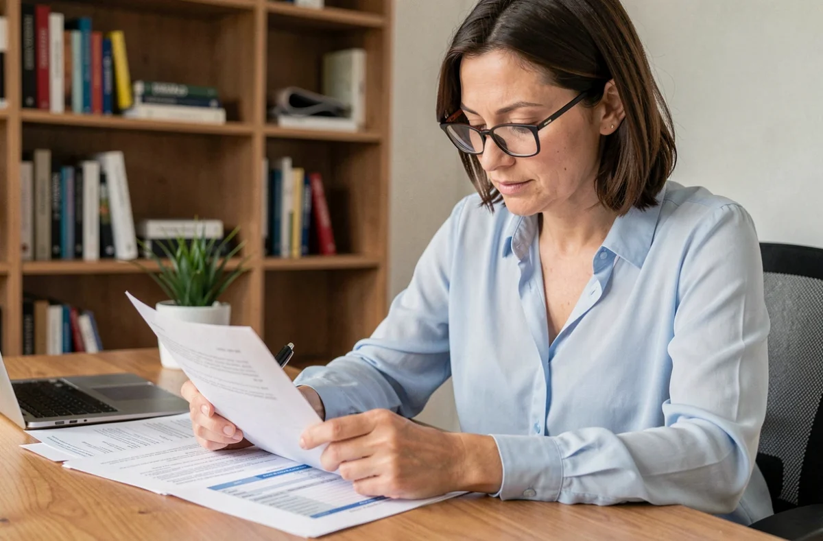 Femme consultant son contrat d'assurance auto pour éviter de payer la franchise