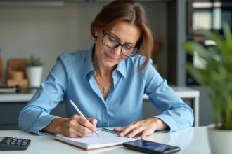 Femme moyenne âge note en cuisine avec calculatrice et smartphone