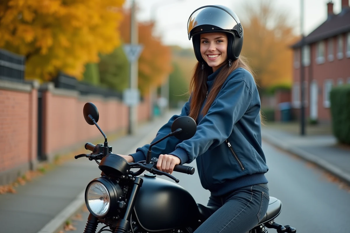 Jeune femme débutante en moto avec une 125cc naked dans une rue résidentielle, équipée d'un casque et d'une veste textile