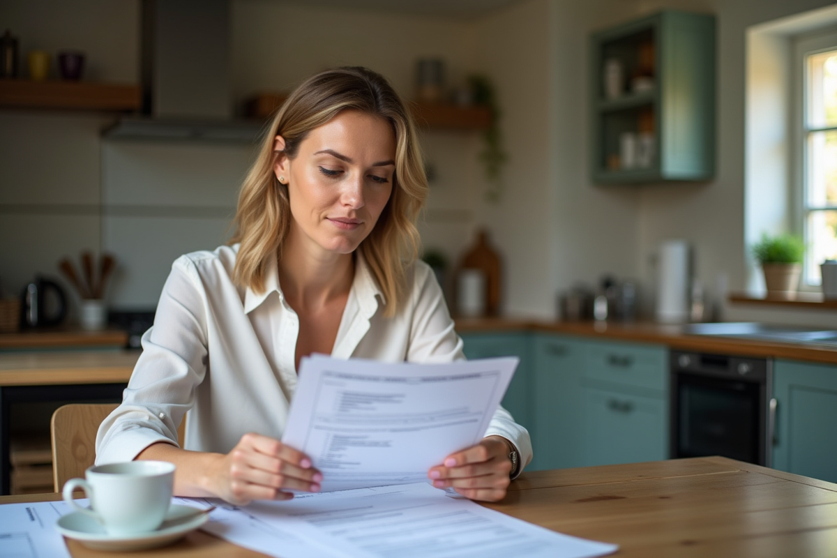 Femme lisant documents de voiture à la maison
