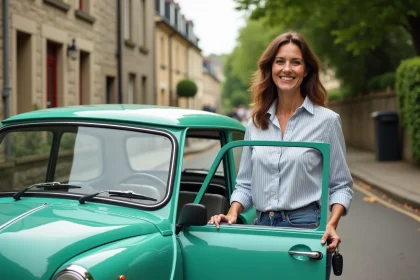 Femme souriante à côté d'une Mini Moke dans un quartier résidentiel