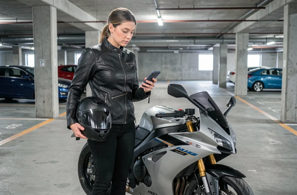 Femme motarde comparant des offres d'assurance moto au kilomètre sur son smartphone dans un parking souterrain