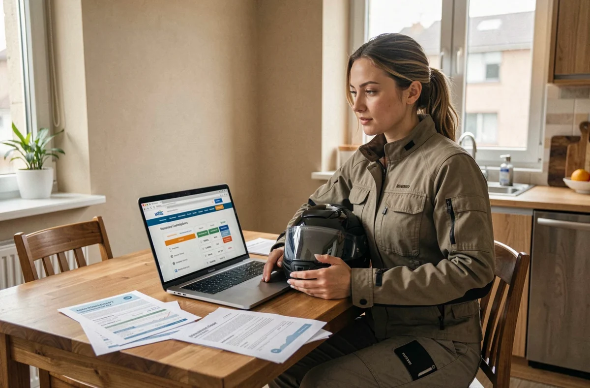 Femme motarde comparant des offres d'assurance moto tous risques sur ordinateur à la maison
