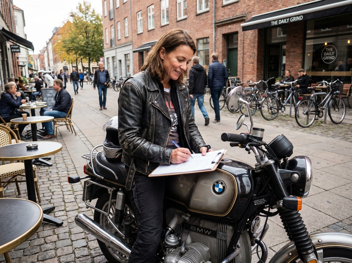 Femme en cuir sur moto en train de remplir un papier