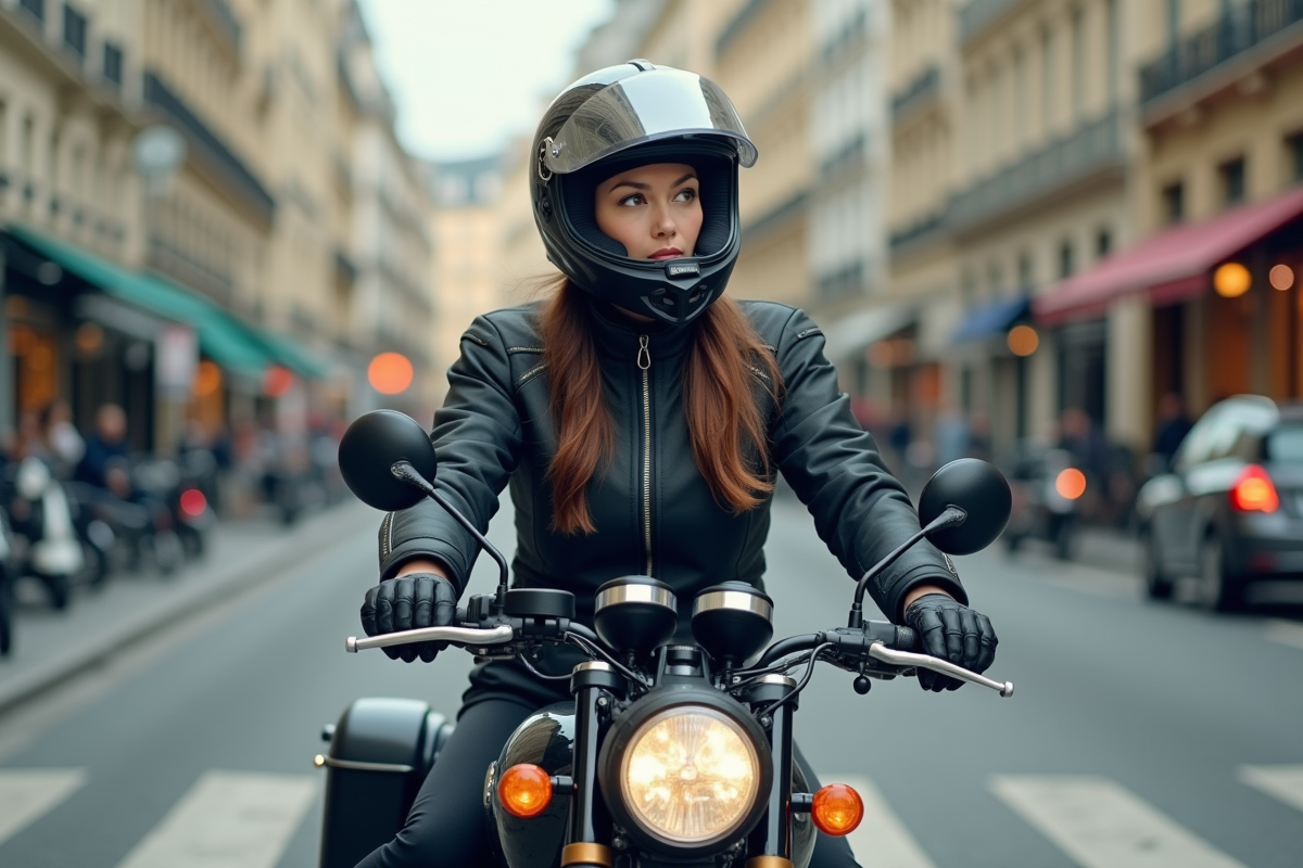 Femme en équipement moto urbaine sur une moto dans une rue de Paris