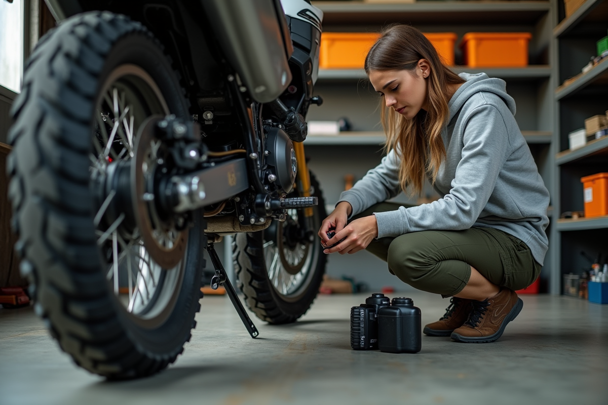 Femme vérifie un traceur sur sa moto dans le garage