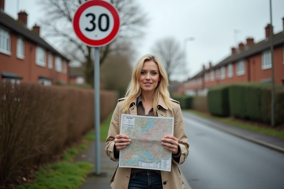 Femme devant un panneau de limitation à 30 mph en Grande-Bretagne tenant une carte avec conversions en km/h
