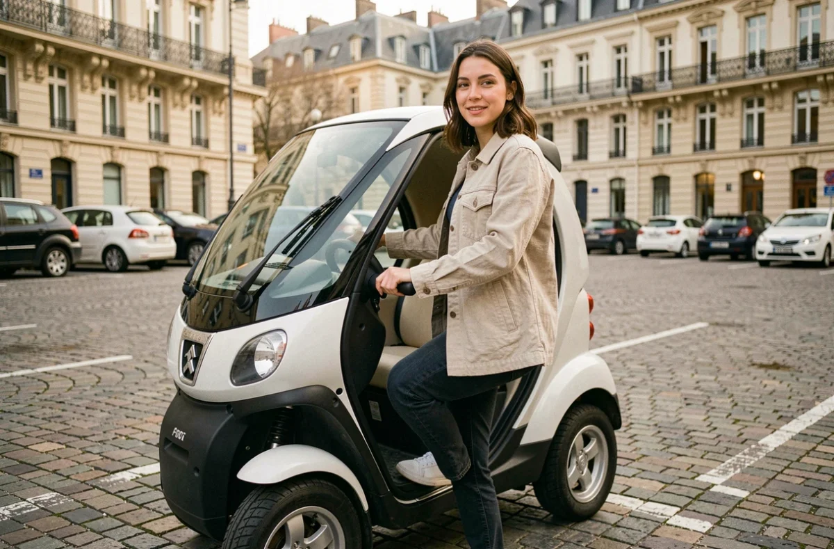 Jeune femme sortant d'une Peugeot voiture sans permis dans un parking en centre-ville français