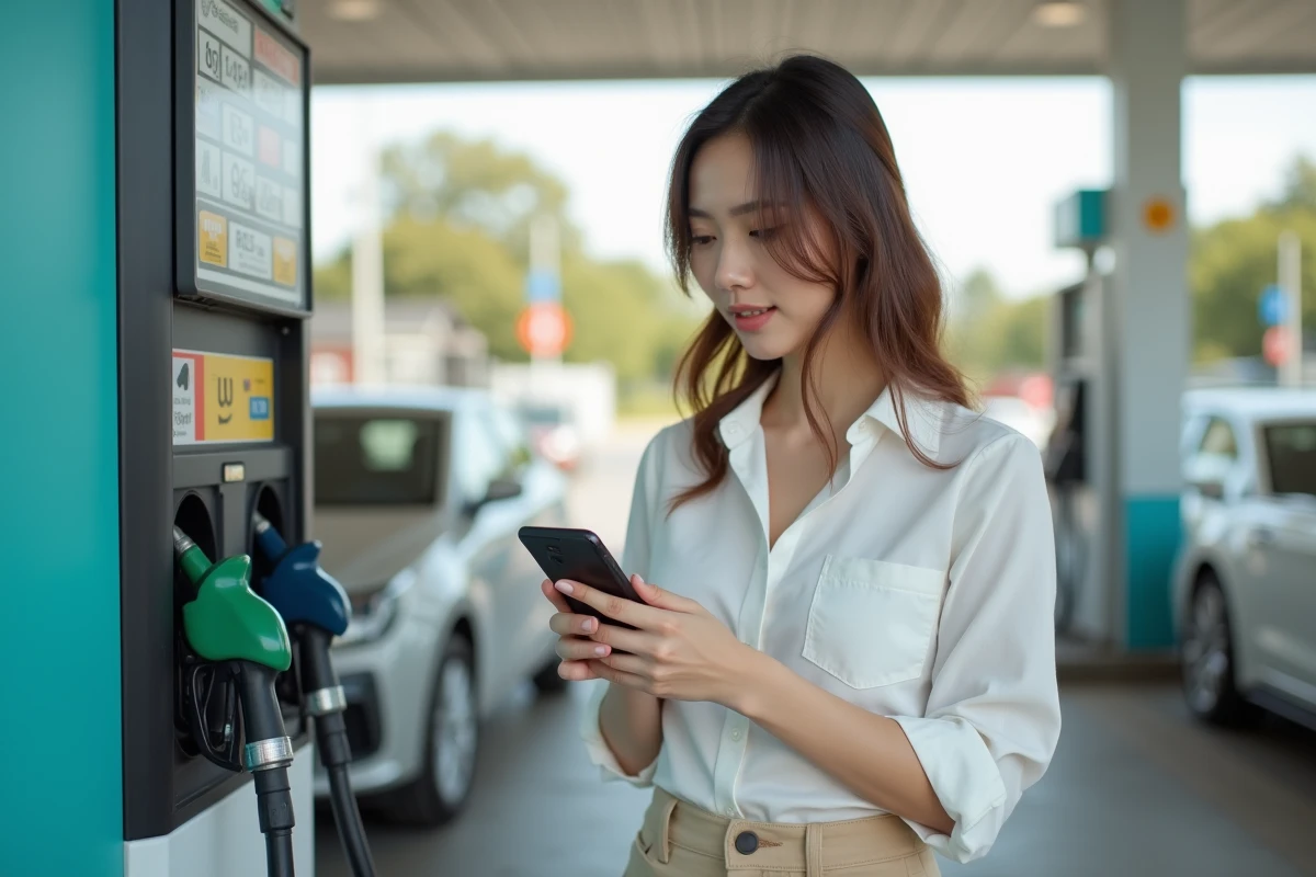 Femme vérifiant sa consommation sur smartphone à la station