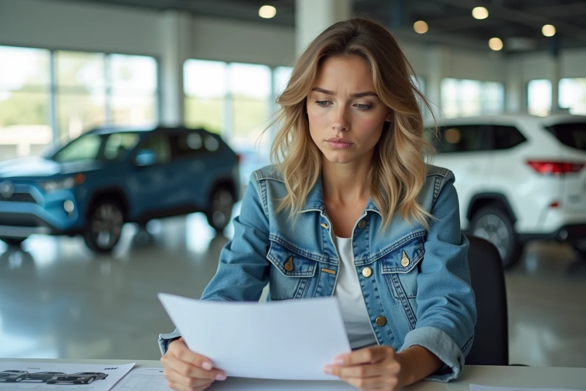 Jeune femme examinant des papiers de voiture dans un showroom