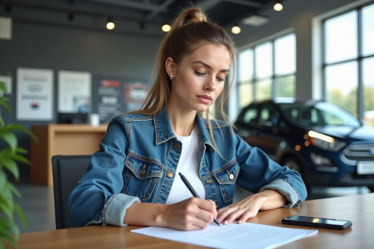 Femme assise à la reception d un centre auto en train de remplir un formulaire