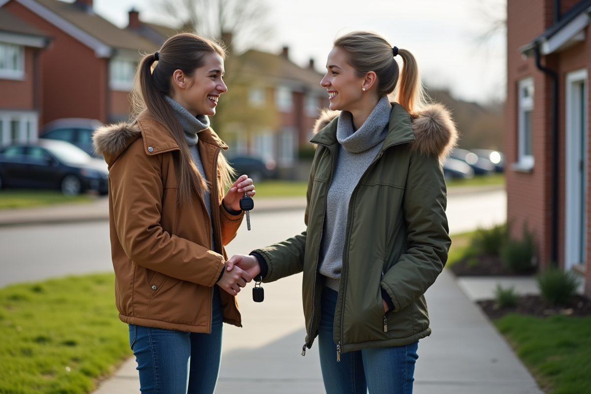 Femme donnant ses clés à une adolescente sur une allée