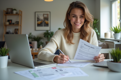 Femme souriante remplissant papiers de changement d'adresse voiture