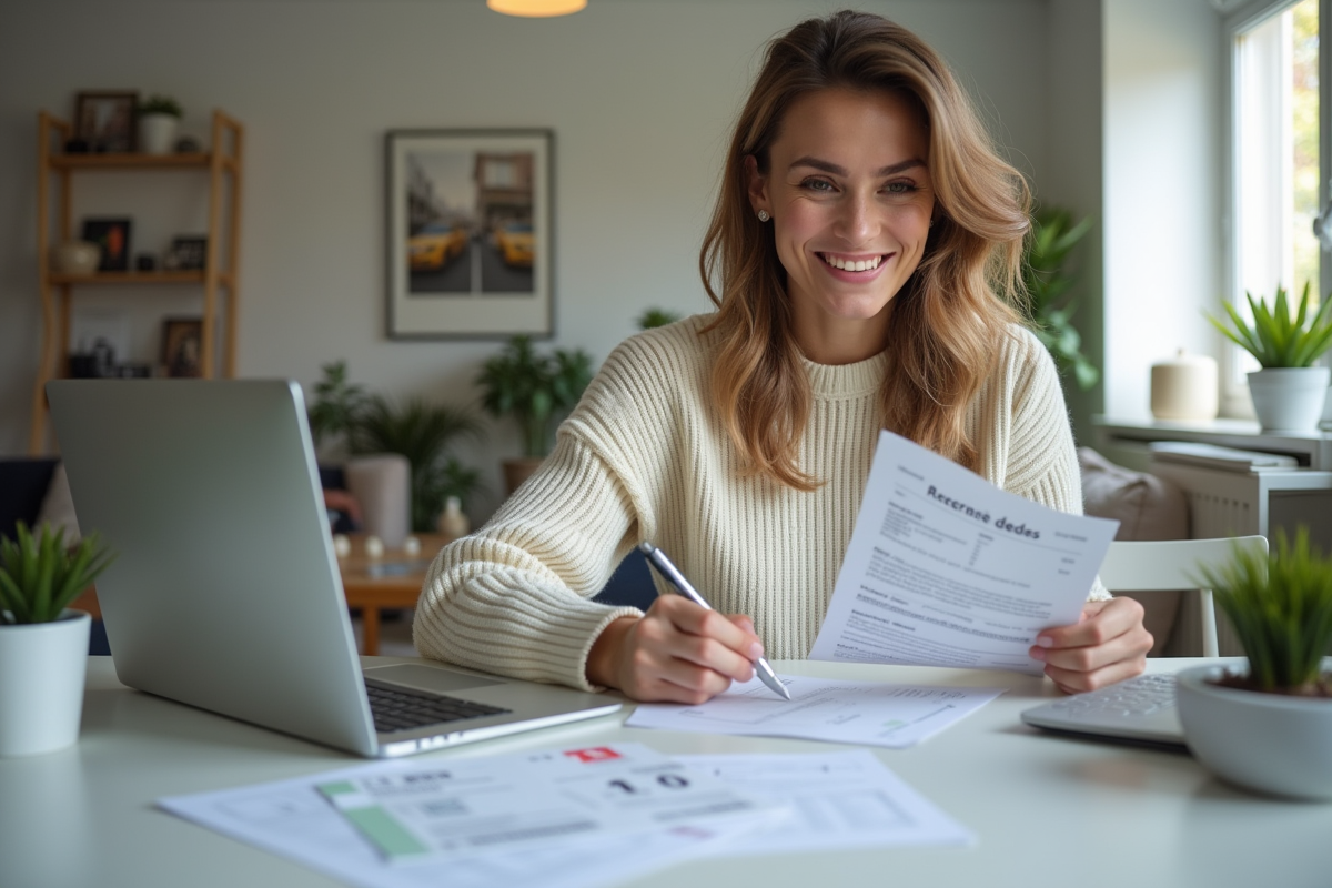 Femme souriante remplissant papiers de changement d'adresse voiture