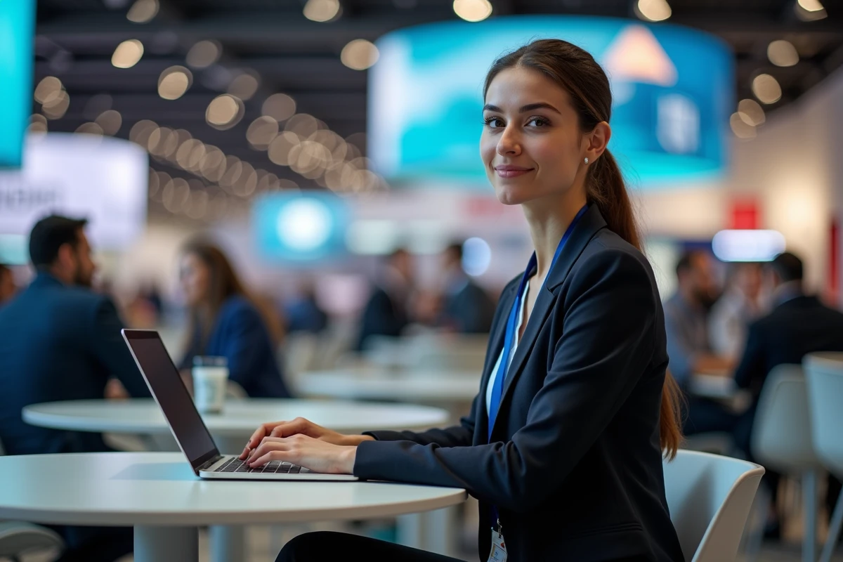 Jeune femme en blazer travaillant sur son ordinateur au salon