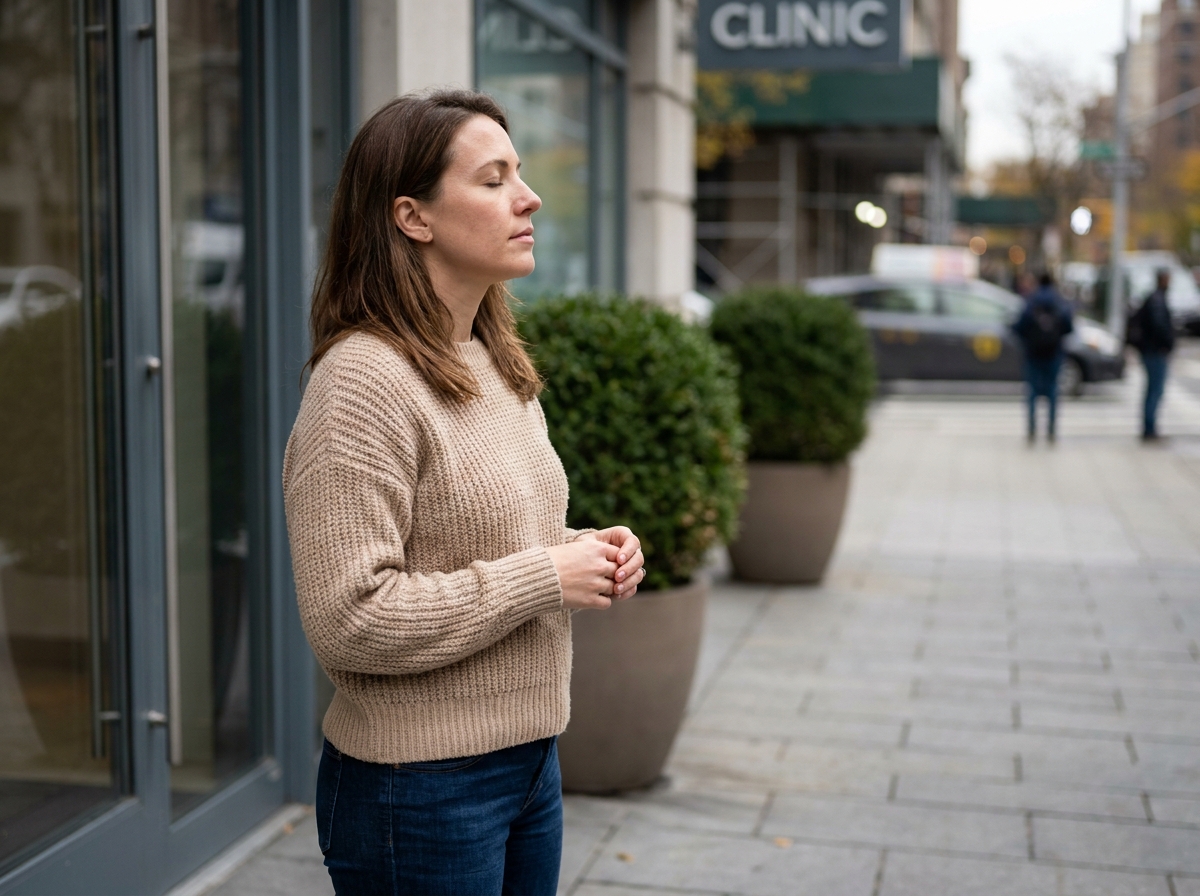 Femme pratiquant la respiration profonde devant une clinique médicale pour gérer le stress avant la visite du permis