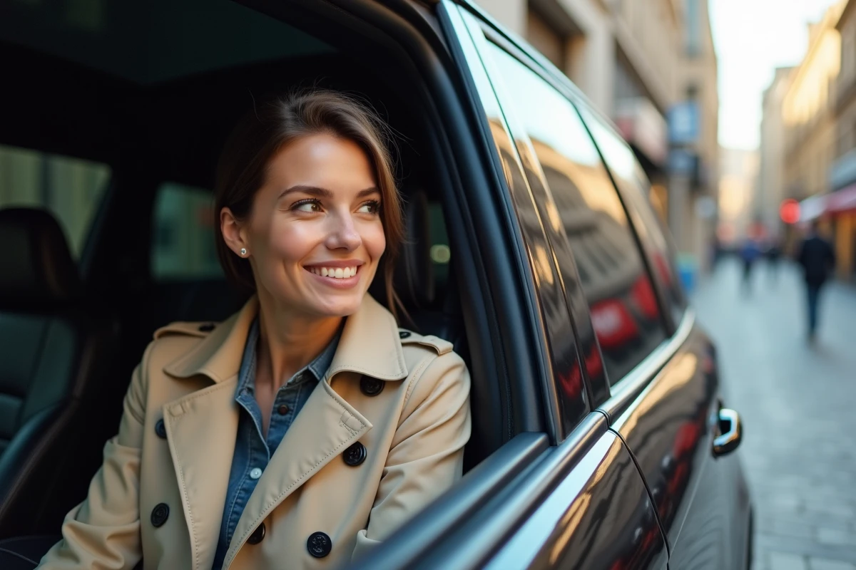 Femme assise dans une SUV de luxe avec sourire naturel