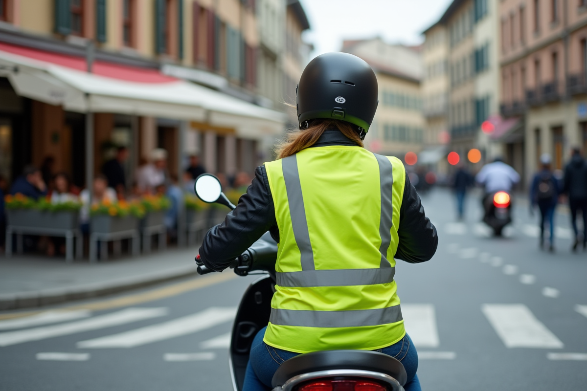 Femme ajustant ses rétroviseurs sur un scooter en ville