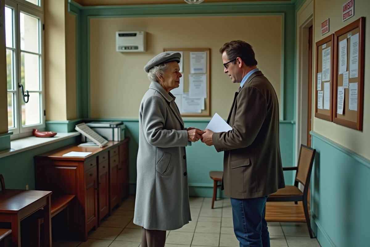 Femme âgée remettant des documents à la mairie