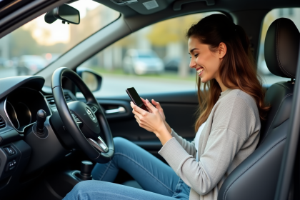 Jeune femme dans sa voiture vérifiant ses gains de course
