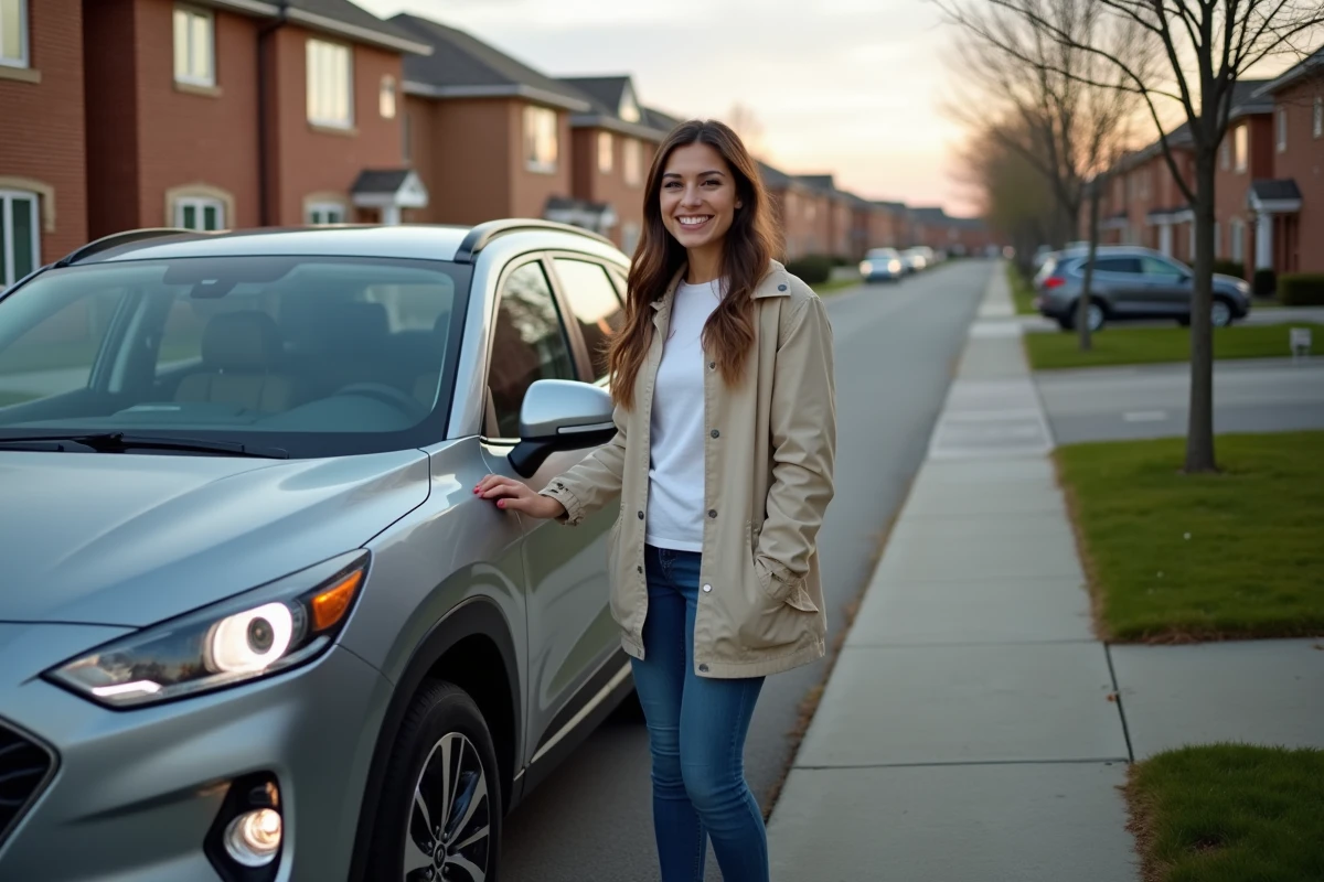 Femme souriante près d’un SUV dans une rue résidentielle