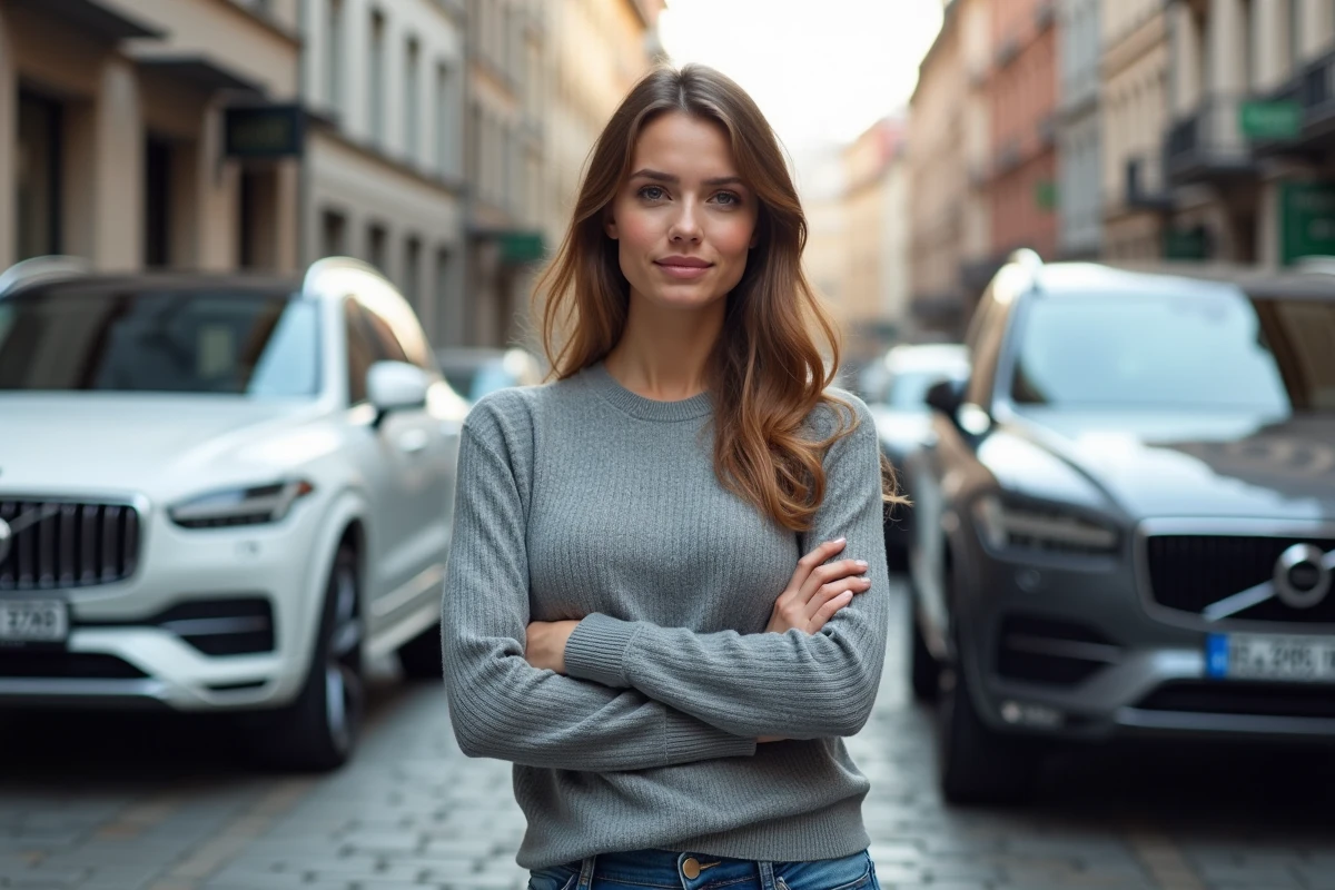 Jeune femme entre deux SUV en ville moderne