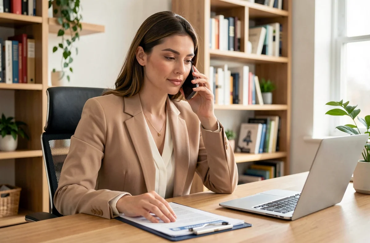 Femme contactant son assurance voiture par téléphone depuis un bureau à domicile avec des documents d'assurance