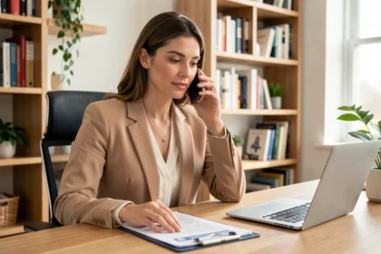 Femme contactant son assurance voiture par téléphone depuis un bureau à domicile avec des documents d'assurance