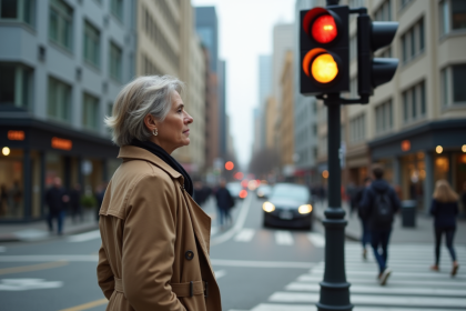 Femme en trench-coat au croisement urbain avec feux rouges et oranges