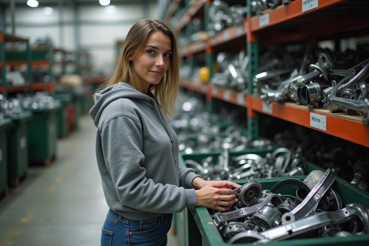 Jeune femme triant des pièces métalliques en recyclerie