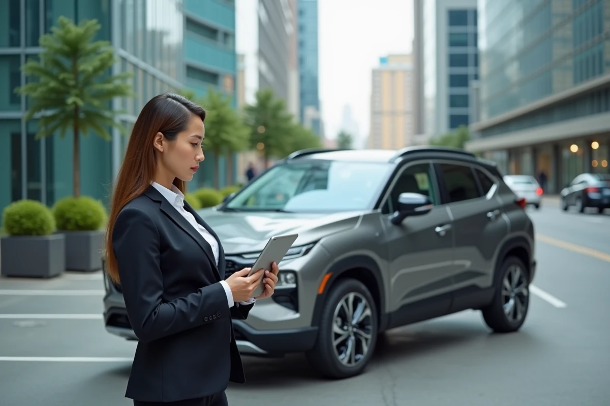 Jeune femme professionnelle inspectant une Aztek en ville