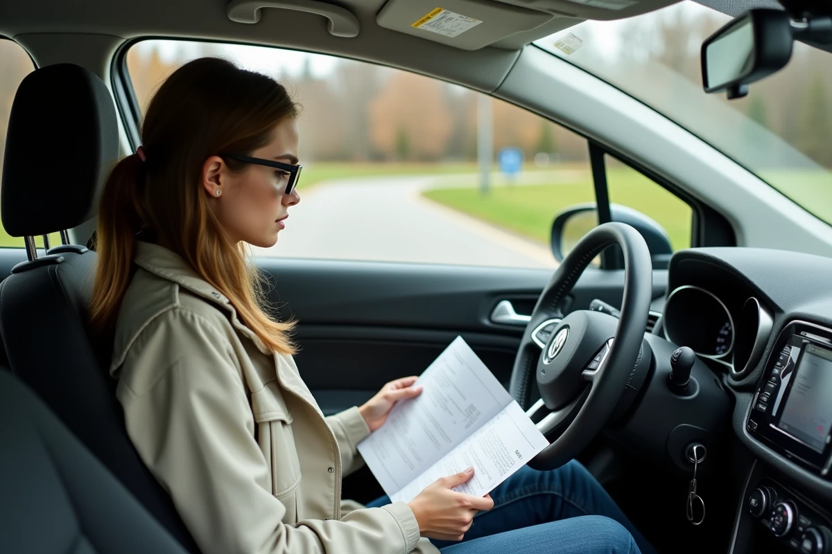 Jeune femme vérifiant son ordinateur de bord dans la voiture