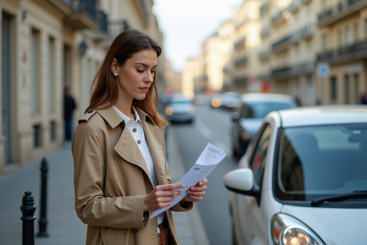 Jeune femme vérifiant ses papiers de voiture dans une rue urbaine